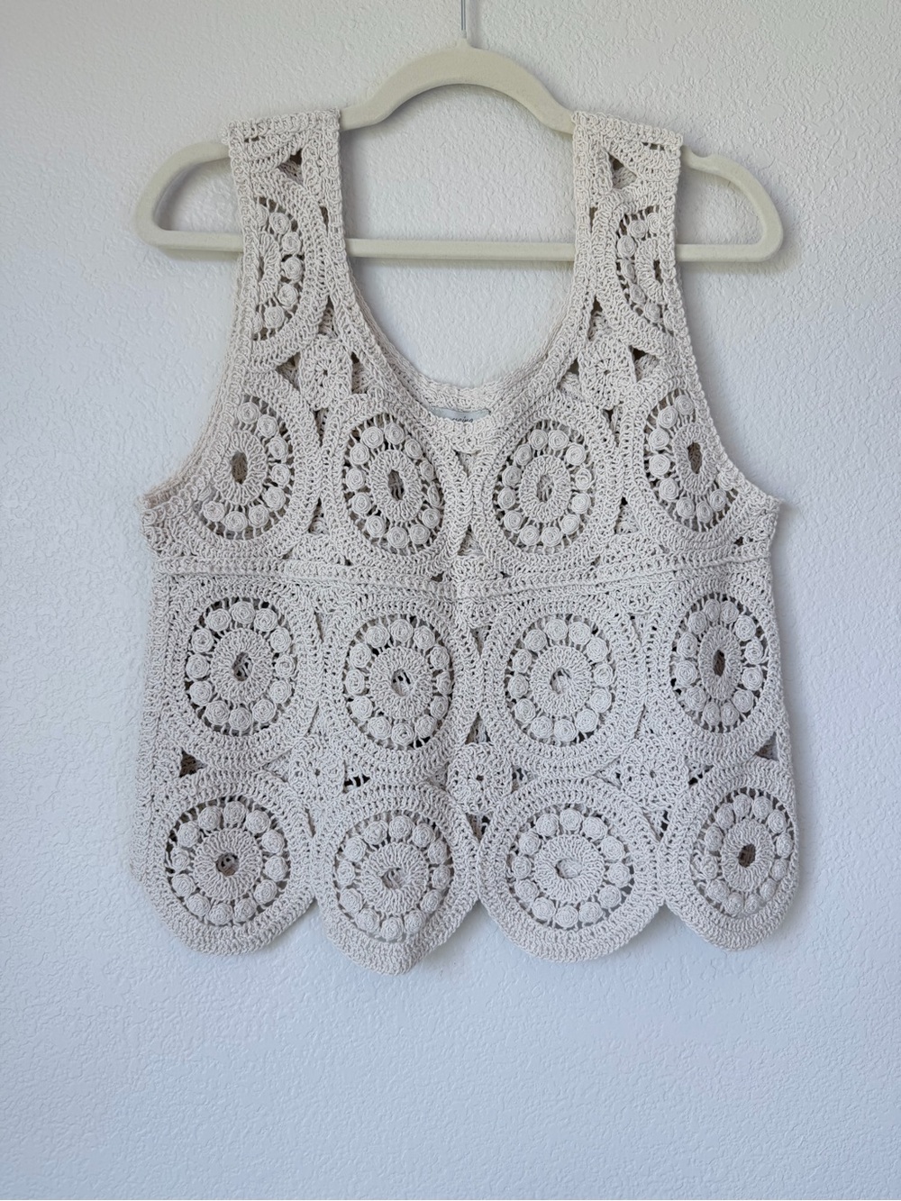 Yaira Cream Crochet Openwork Circle Tank Top Cotton Boho Size L